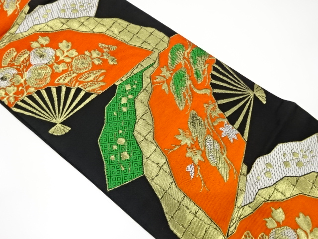 アンティーク　扇に松・草花模様織り出し袋帯（着用可）